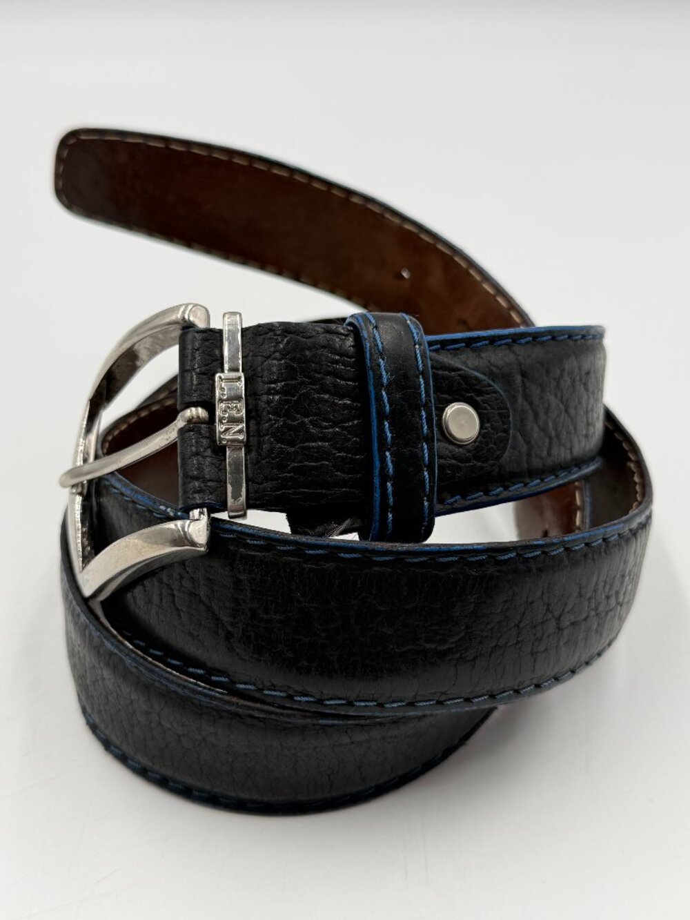 L.E.N. Genuine American Bison Leather Belt USA Solid Brass Buckle Blue Stitching